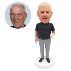 customized bobble head figure male boss holding a cup of tea