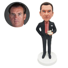 custom bobblehead figure boss holding a cup of coffee