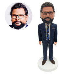 custom bobblehead figure male boss in navy blue suit