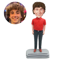 personalised bobblehead figure male colleague in red shirt on cart holder base