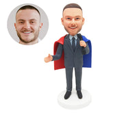 personalized bobblehead figurine businessman wearing a cape holding a dumbbell