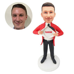 personalized bobblehead figurine businessman tearing the shirt to show the logo