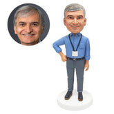 custom made bobblehead male colleague salesman with name tag employee card