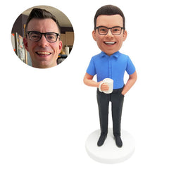 custom made bobble head figure male colleague staff holding a cup of coffee
