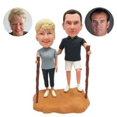 customised hiker bobble heads figures hiking couple holding alpenstocks
