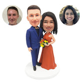 custom made bobble heads figures couple holding flowers with arm around woman