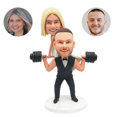 customised bobble heads figures funny weightlifting couple sitting on the shoulder