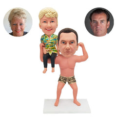 customized bobbleheads figures funny gym couple woman sit on mans shoulder