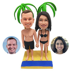 custom made bobbleheads figures swimming couple holding hands on sandbeach