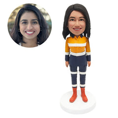 custom bobblehead figure female construction worker in hi vis workwear