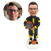 custom bobble head figure fireman fire fighter holding a helmet with water pipe