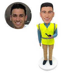 customized bobblehead figure male construction worker holding a smoking pipe