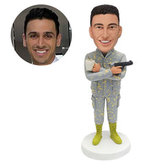 customized soldier bobblehead figure military holding a pistol and a cup of coffee