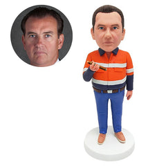 custom made bobblehead figure male construction worker holding a cigar