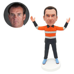 custom made bobblehead figure male construction worker with hands up