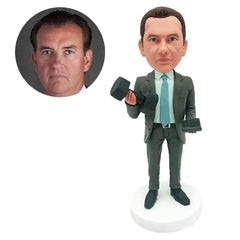 personalised bobblehead accountant holding a dumbbell and calculator