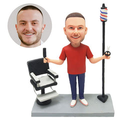 personalised bobblehead figure barber holding a scissors with a chair and a hair salon lamp