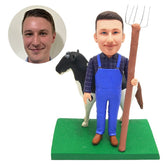 personalised bobblehead figure farmer holding a rake with a cow