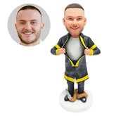personalised bobblehead figure fireman fire fighter tearing his fire proof uniform