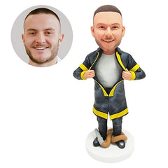 personalised bobblehead figure fireman fire fighter tearing his fire proof uniform