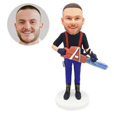 personalised bobble head figure male worker holding a chainsaw