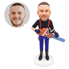 personalised bobble head figure male worker holding a chainsaw