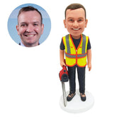 personalised bobble head figure male worker with a chainsaw