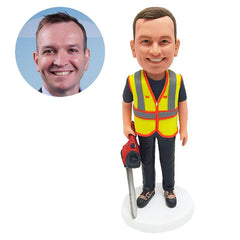personalised bobble head figure male worker with a chainsaw