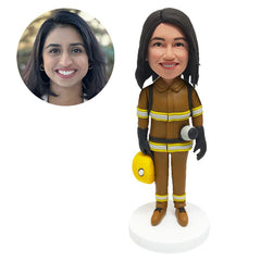 personalized bobble head figure female fire fighter firewoman holding a fire helmet