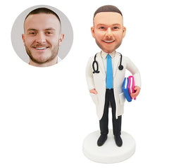 personalized bobblehead figure male doctor holding books with a blue tie