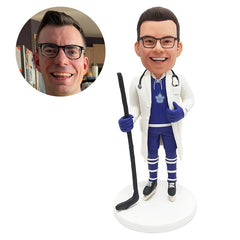 custom made bobblehead figure male doctor holding a hockey stick