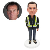 customised bobble head figure male worker with one hand in pocket