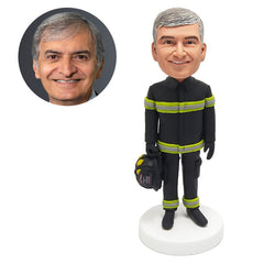 custom bobble head figure fireman firefighter holding a hamlet