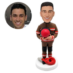 customised firefighter bobble head figure fireman holding a fire hat with water pipe