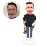 customised bobble head figure man holding cups of coffee