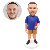 customised bobble head figure man holding a bottle of beer