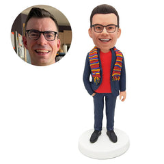 customized bobble head figure man have a scarf with one hand in pocket