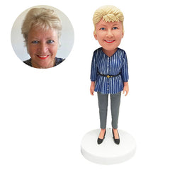 personalized bobble head figure lady in striped long sleeve