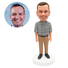 personalized bobble head figure male staff colleague boss in plaid shirt