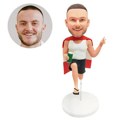 personalized bobble head figure man with a cape holding a can of beer