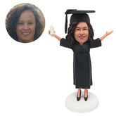 custom bobblehead figure female graduate holding the graduation certificate with arms opened