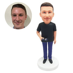 custom made bobblehead figure male gamer holding a gamepad