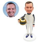 personalised bobble head figure racer holding a hamlet