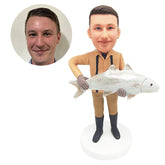 personalised fishing bobblehead figure fisherman holding a big fish