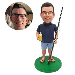 personalized bobblehead figure man holding a beer can and a fishing rod
