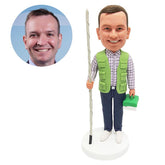 personalized bobblehead figure man holding a fishing rod with a tool box