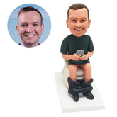 custom bobblehead funny man holding cell phone on a toilet