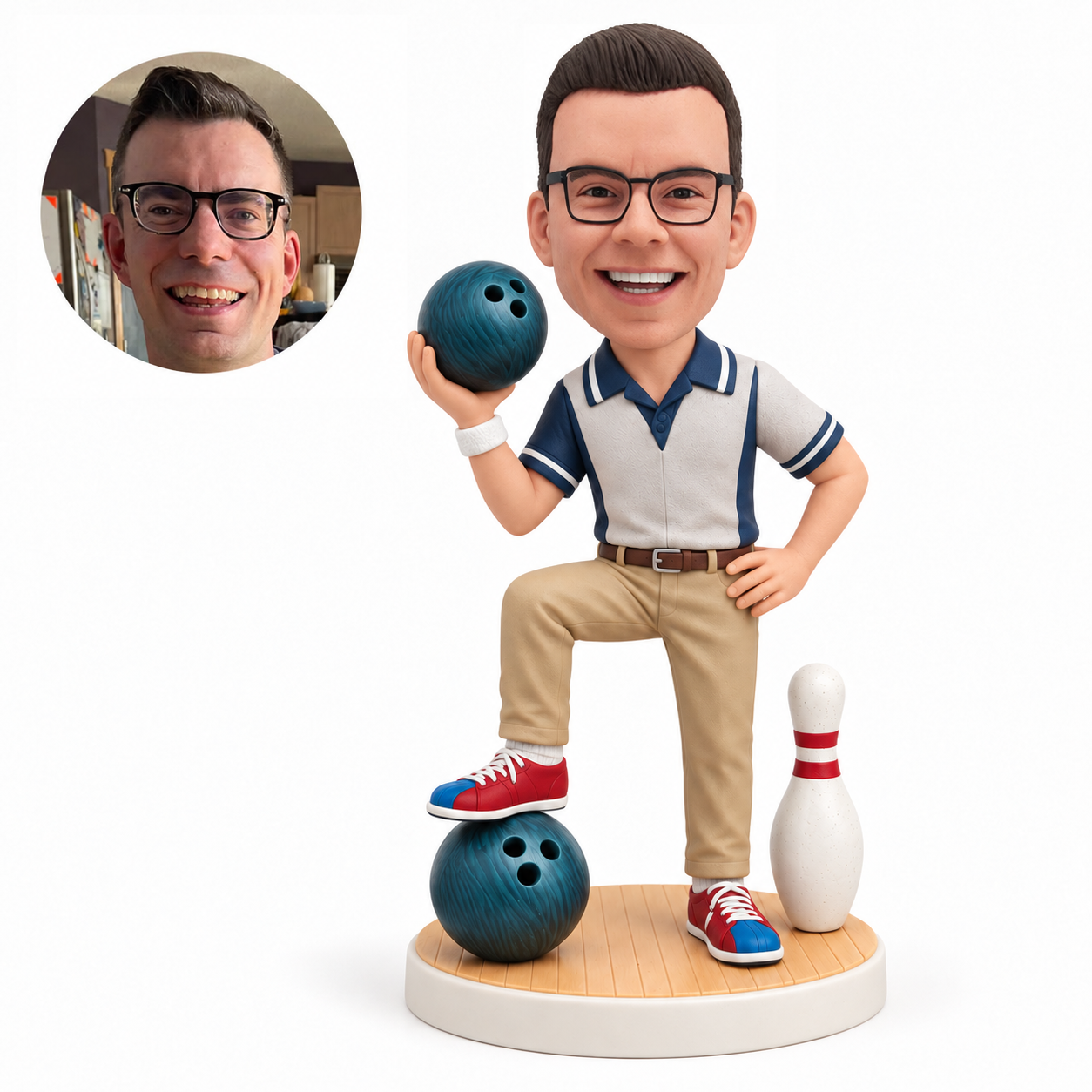 custom bobblehead figure male bowler with a bowling ball and pin