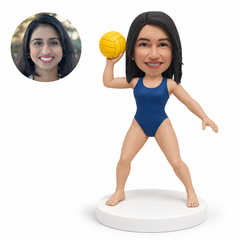 custom bobblehead figure female water polo player holding a ball