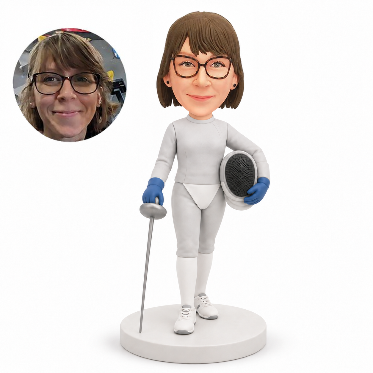 custom bobblehead figure female fencer holding a mask and foil